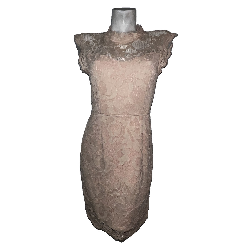 New SANS Souci Dress Size‎ L Nude Pink Lace Sleeveless High Neck Lined Cocktail